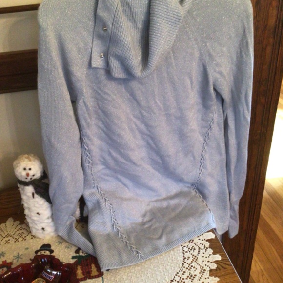 WHBM Light Blue Metallic knit Snap Cowl Neck Sweater lace accent sz xs - Picture 9 of 9